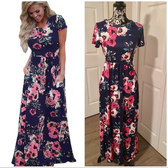 Floral Maxi Dress Navy w Pockets - Picture 2 of 3